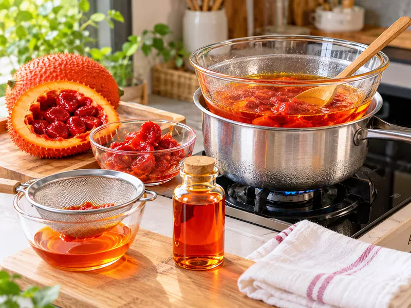 Cách làm dầu gấc dưỡng da bằng phương pháp ngâm chiết ấm.