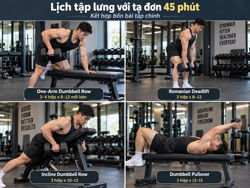 Lịch tập lưng với tạ đơn 45 phút kết hợp bốn bài tập chính